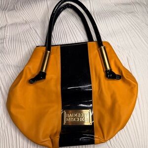 VINTAGE Badgley Mischka Mustard and Black Tote Bag in Genuine and Patent Leather